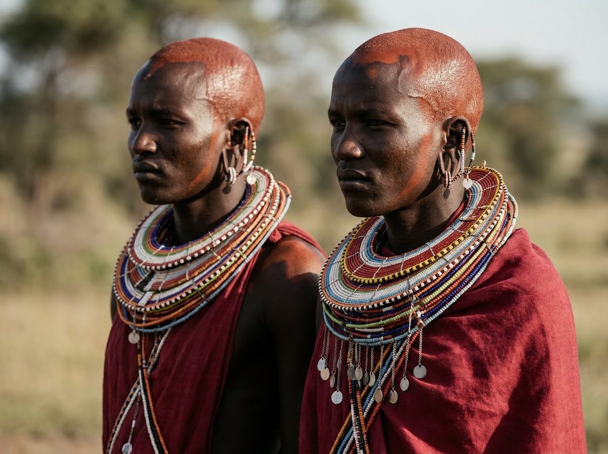 Close-up of the intricate beadwork and red shuka cloth of a Maasai warrior